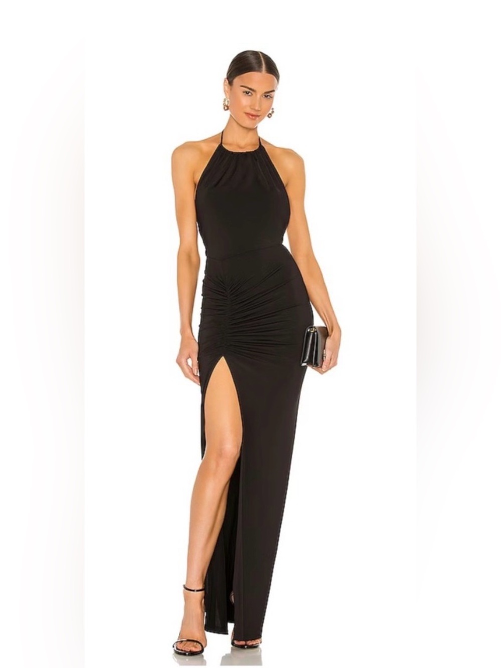 Michael Costello Black One-Shoulder Ruched Maxi Dress with Thigh Slit